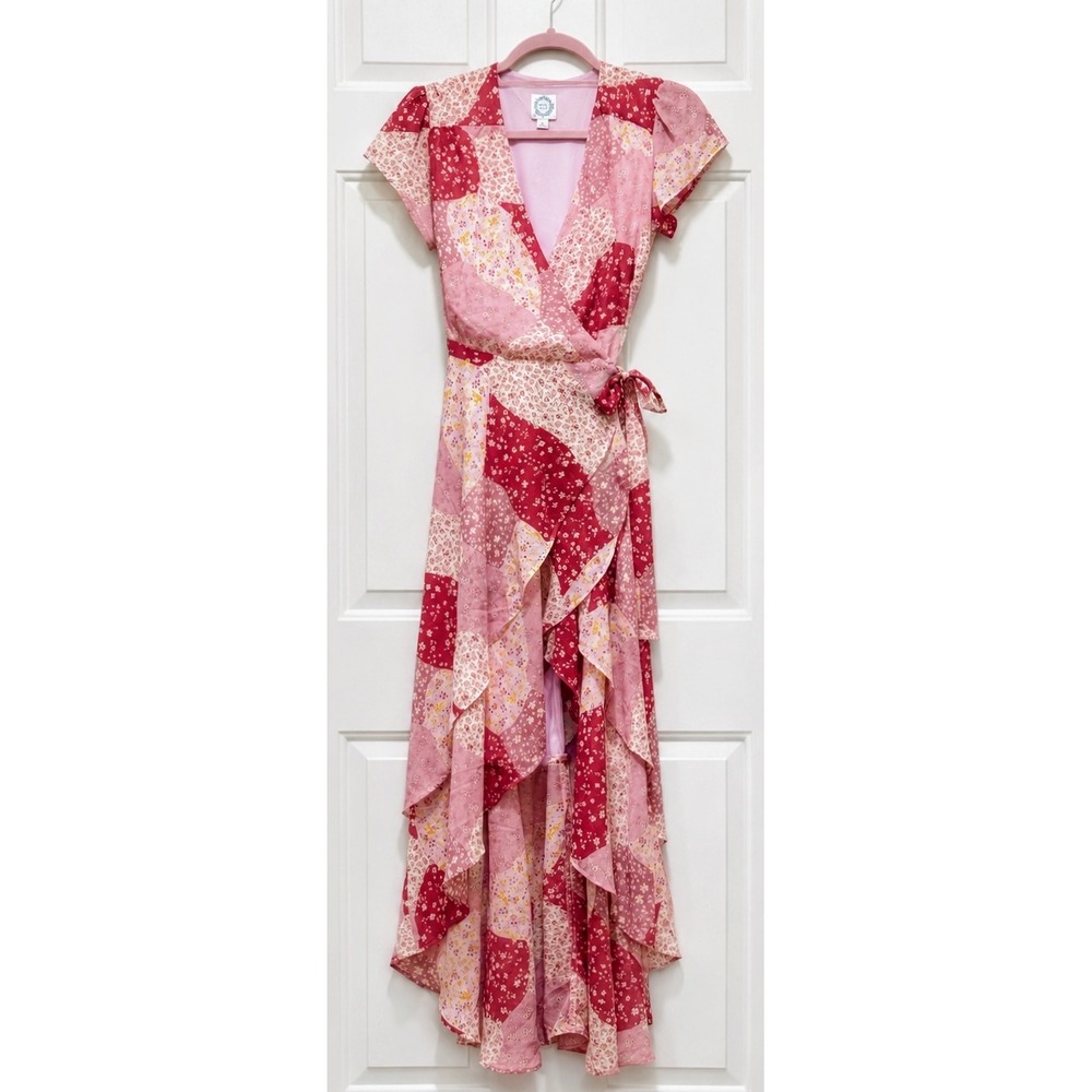 Francesca's Blue Rain Floral Maxi Wrap Dress Size Small Pink Boho Tiered Dress